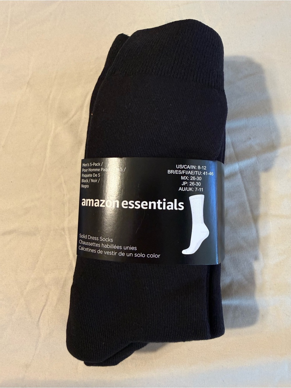 Amazon Essentials Men's Black Solid Dress Socks - 5-Pack Size 8-12